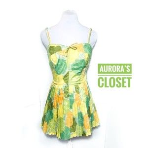 VTG GaBar NY 14 Green Playsuit Pleated Skirt Floral Dress Bloomers Medium